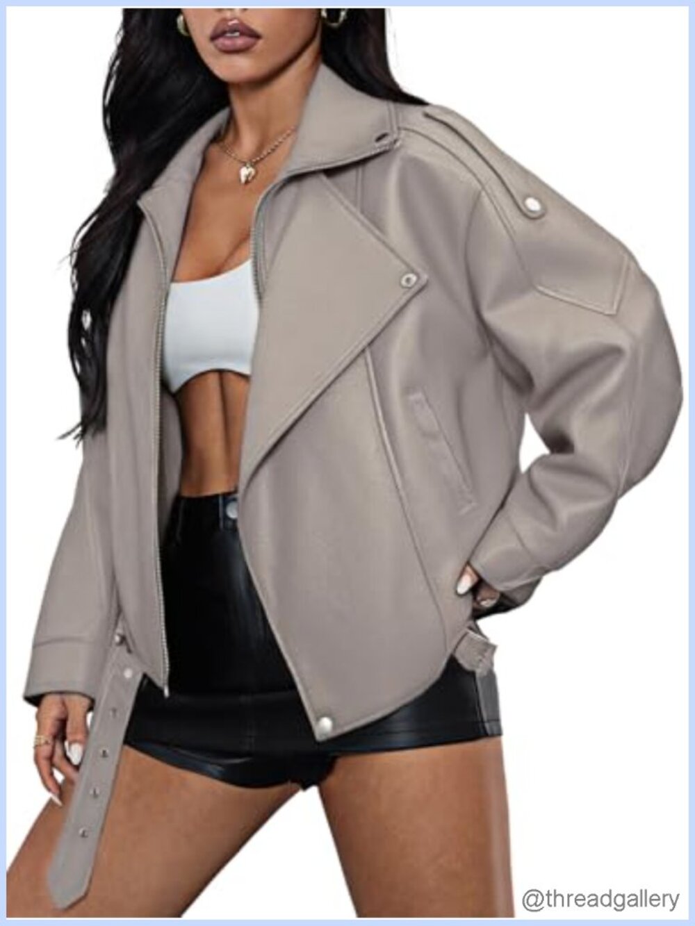 Oversized Faux Leather Motorcycle Jacket Bomber Streetwear Y2K Long Sleeve